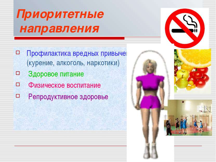 Приоритетные направления Профилактика вредных привычек (курение, алкоголь, на...