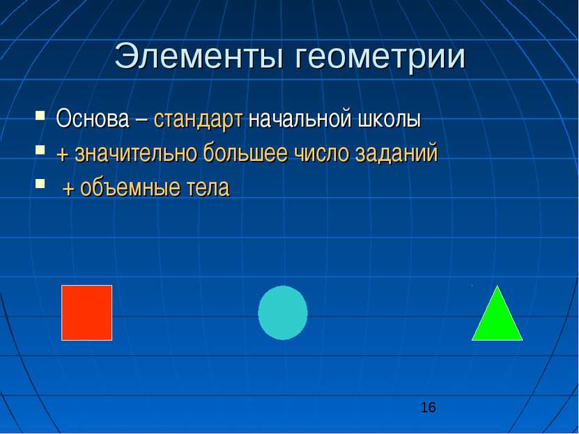 Элементы геометрии Основа – стандарт начальной школы + значительно большее чи...