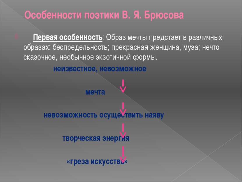 Особенности поэтики В. Я. Брюсова Первая особенность: Образ мечты предстает в...