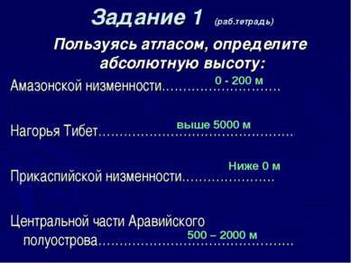 Задание 1 (раб.тетрадь) Пользуясь атласом, определите абсолютную высоту: Амаз...