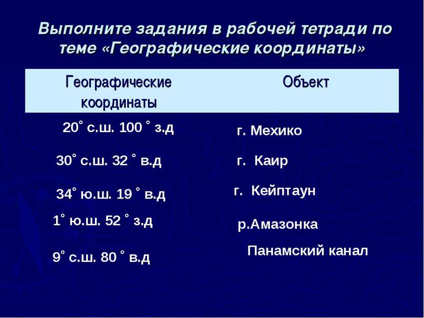 Выполните задания в рабочей тетради по теме «Географические координаты» 20˚ с...