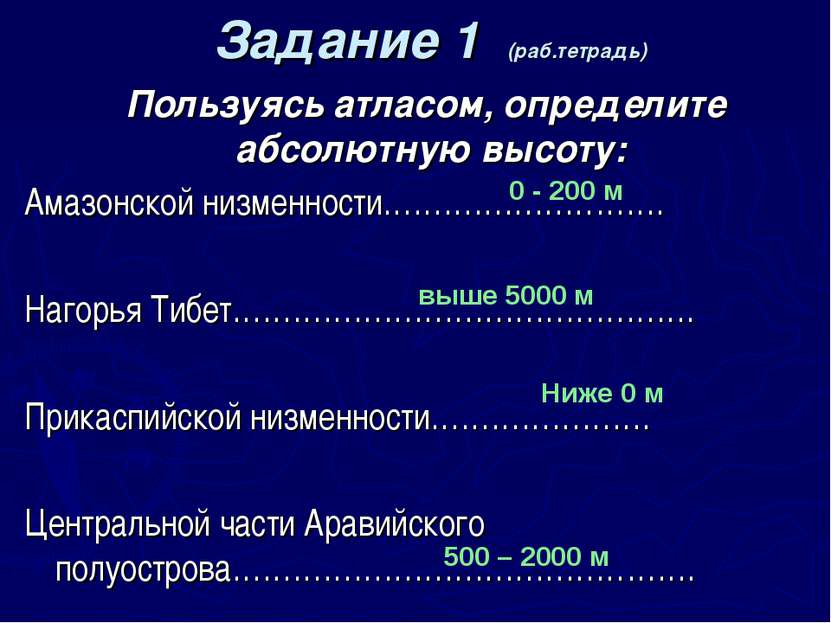 Задание 1 (раб.тетрадь) Пользуясь атласом, определите абсолютную высоту: Амаз...