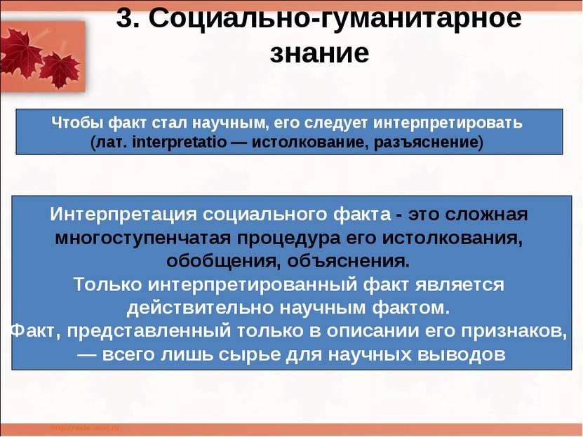 3. Социально-гуманитарное знание Чтобы факт стал научным, его следует интерпр...