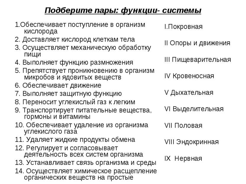 Подберите пары: функции- системы 1.Обеспечивает поступление в организм кислор...