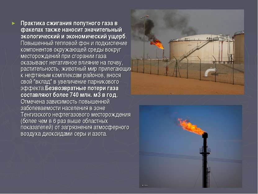Практика сжигания попутного газа в факелах также наносит значительный экологи...