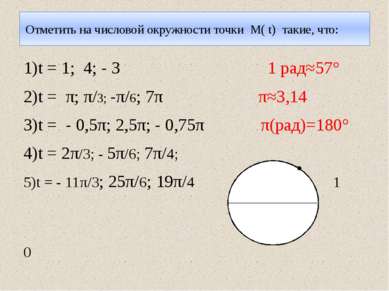 Отметить на числовой окружности точки М( t) такие, что: 1)t = 1; 4; - 3 1 рад...