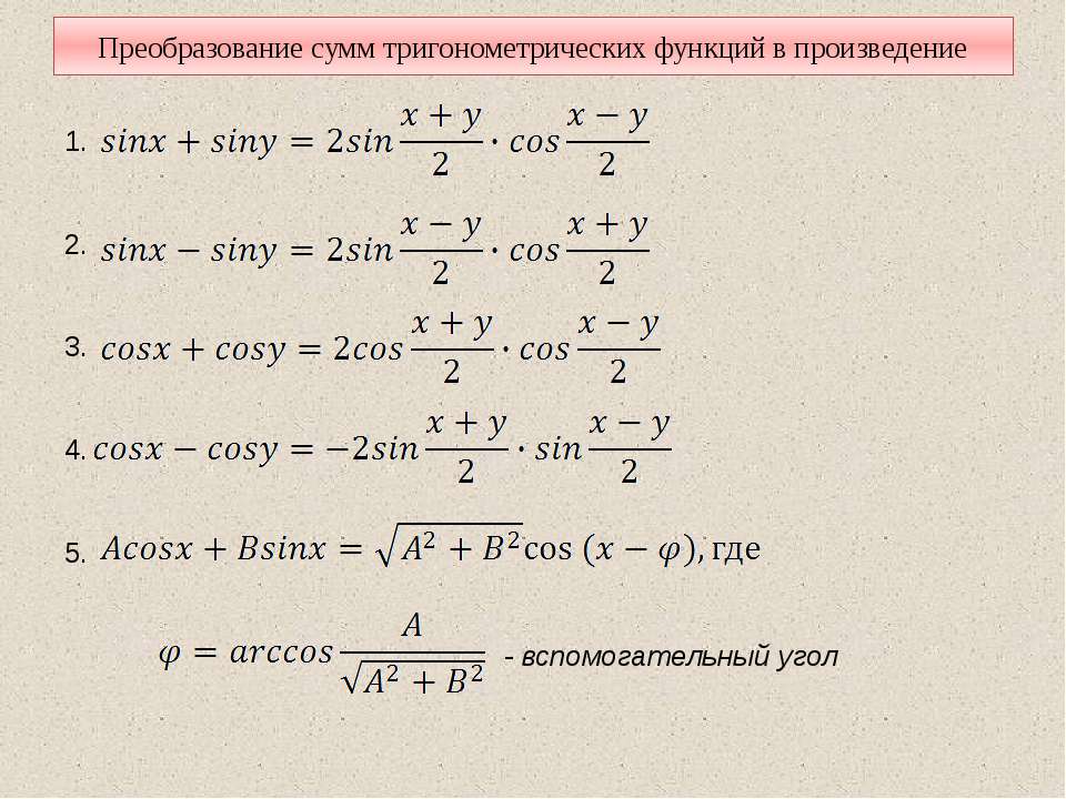 Формулы произведения тригонометрических функций. Произведение тригонометрических функций в сумму. Формулы преобразования суммы и разности в произведение. Преобразование суммы в произведение тригонометрия. Формула преобразования суммы синусов в произведение.