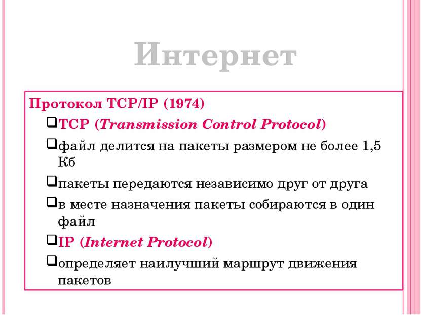 Интернет Протокол TCP/IP (1974) TCP (Transmission Control Protocol) файл дели...