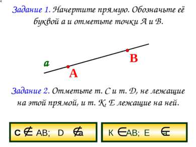 Задание 1. Начертите прямую. Обозначьте её буквой а и отметьте точки А и В. а...