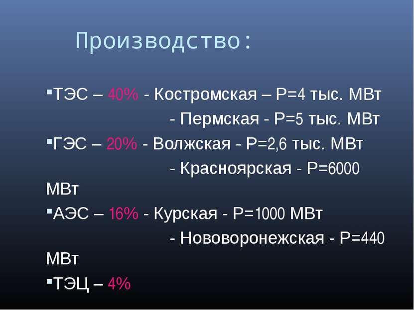 Производство: ТЭС – 40% - Костромская – P=4 тыс. МВт - Пермская - P=5 тыс. МВ...