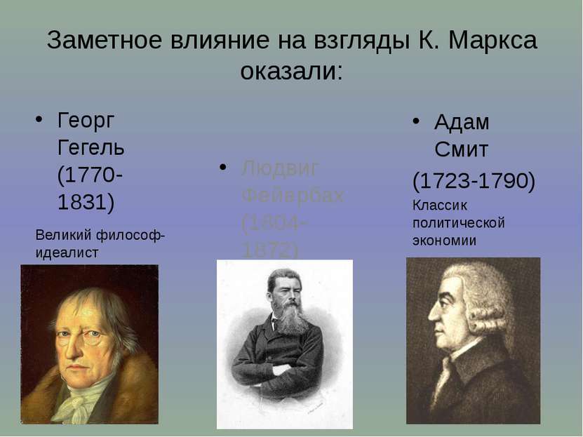 Заметное влияние на взгляды К. Маркса оказали: Георг Гегель (1770-1831) Велик...