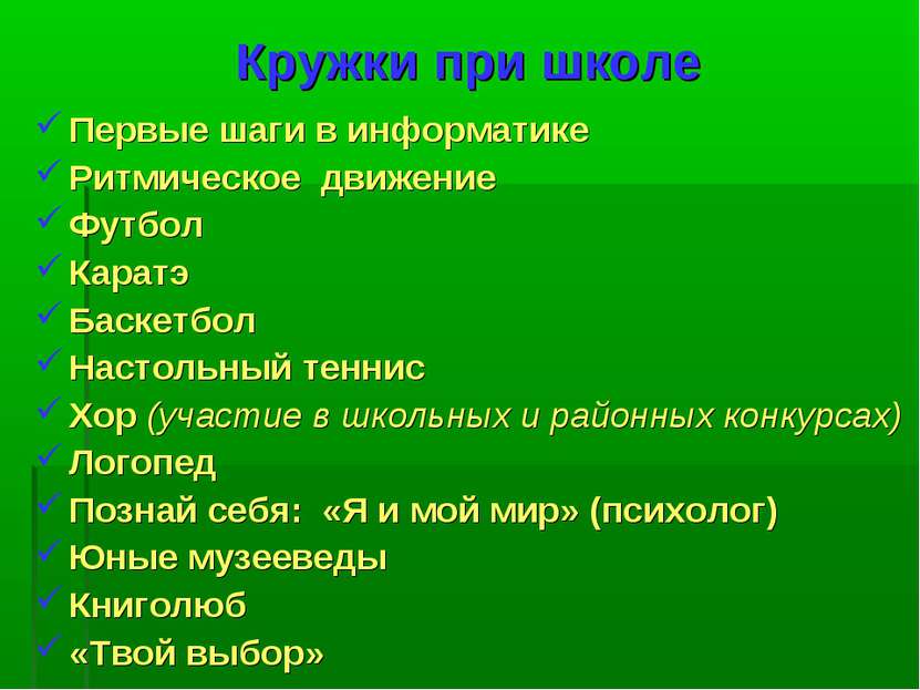 Кружки при школе Первые шаги в информатике Ритмическое движение Футбол Каратэ...