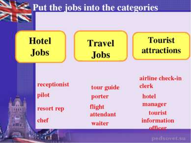 Put the jobs into the categories receptionist pilot resort rep chef tour guid...