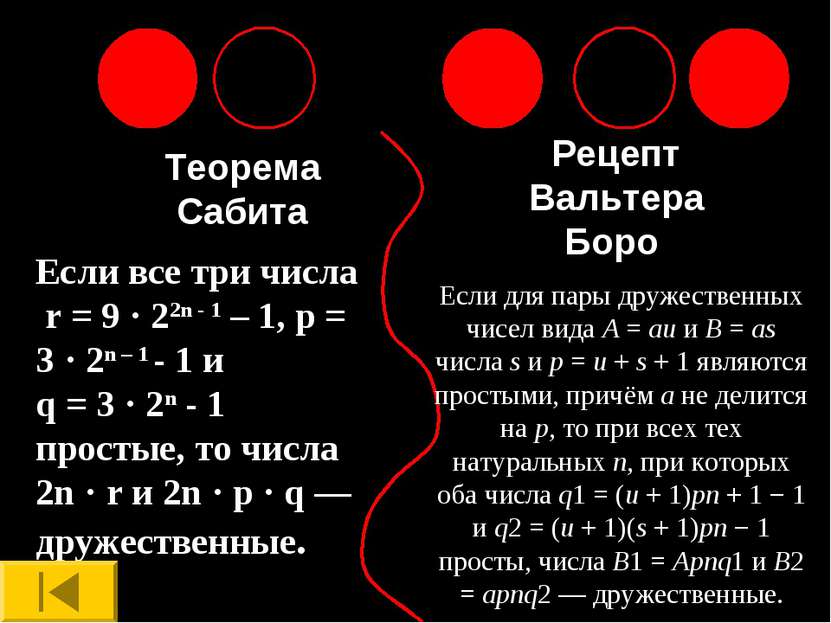 Теорема Сабита Рецепт Вальтера Боро Если все три числа r = 9 · 22n - 1 – 1, p...