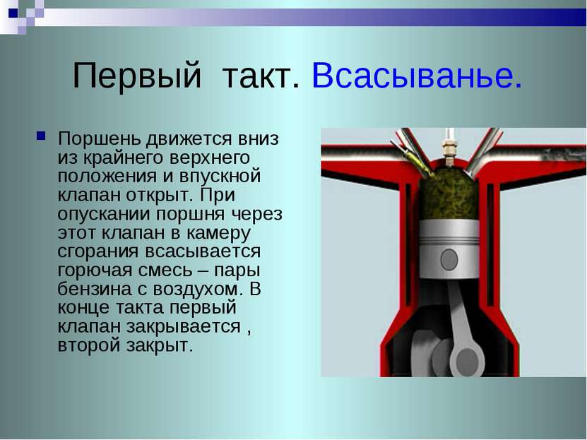 Первый такт. Всасыванье. Поршень движется вниз из крайнего верхнего положения...