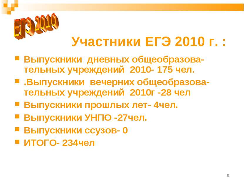 * Участники ЕГЭ 2010 г. : Выпускники дневных общеобразова-тельных учреждений ...