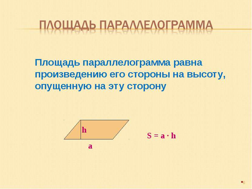 Площадь параллелограмма равна произведению его стороны на высоту, опущенную н...