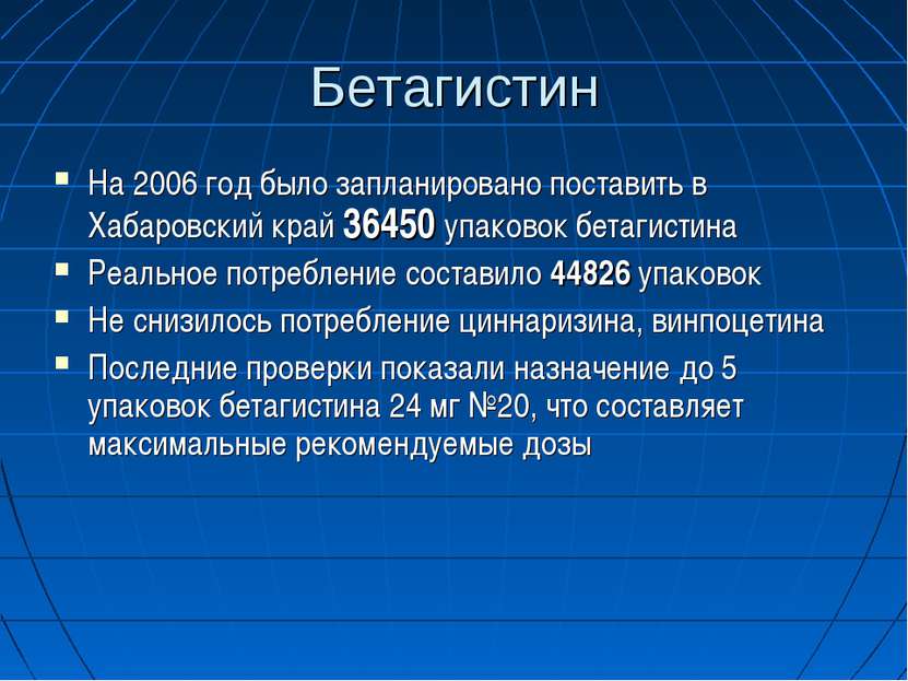 Бетагистин На 2006 год было запланировано поставить в Хабаровский край 36450 ...