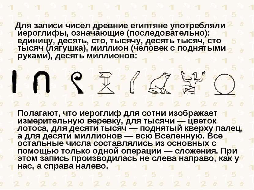Для записи чисел древние египтяне употребляли иероглифы, означающие (последов...
