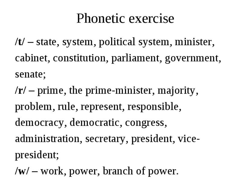 Phonetic exercise /t/ – state, system, political system, minister, cabinet, c...