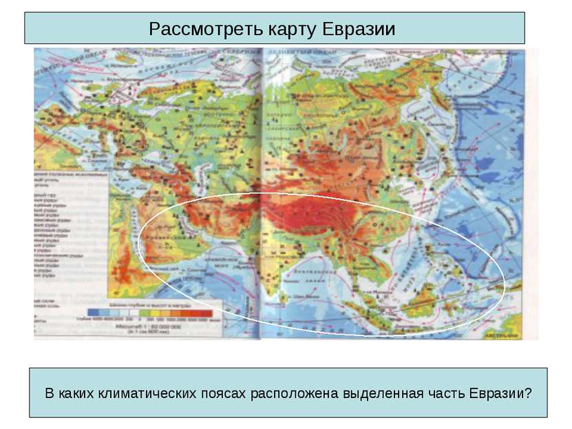Рассмотреть карту Евразии В каких климатических поясах расположена выделенная...