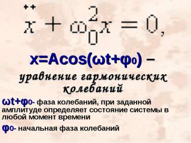 х=Acos(ωt+φ0) – уравнение гармонических колебаний ωt+φ0- фаза колебаний, при ...