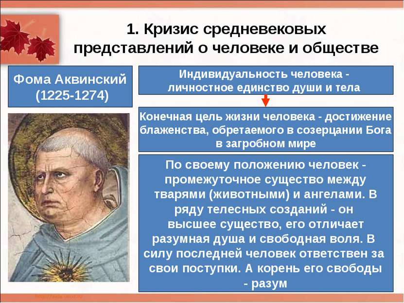 1. Кризис средневековых представлений о человеке и обществе Фома Аквинский (1...