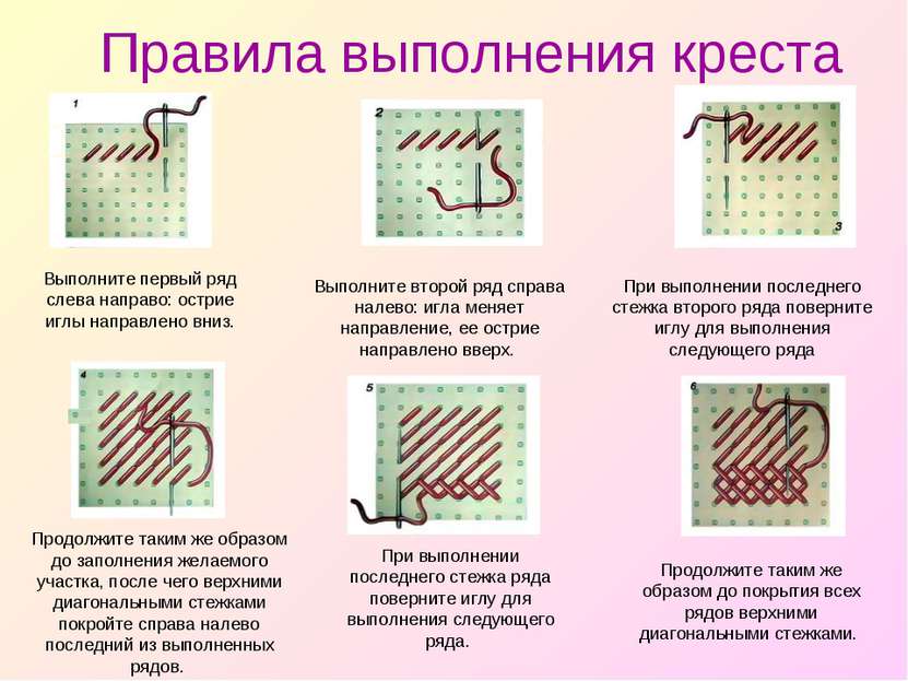 Правила выполнения креста Выполните первый ряд слева направо: острие иглы нап...