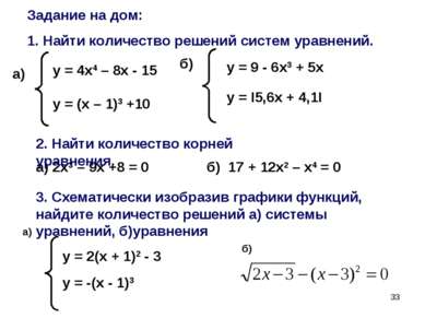 * Задание на дом: 1. Найти количество решений систем уравнений. у = 4х4 – 8х ...