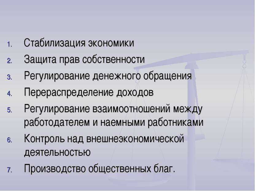 Функции государства Стабилизация экономики Защита прав собственности Регулиро...