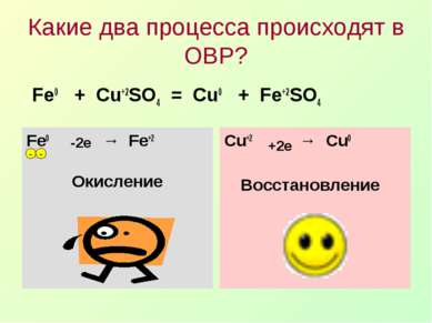 Какие два процесса происходят в ОВР? Fe0 + Cu+2SO4 = Cu0 + Fe+2SO4 Fe0 → Fe+2...