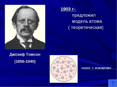 1903 г- предложил модель атома ( теоретическая) Джозеф Томсон (1856-1940) «ке...