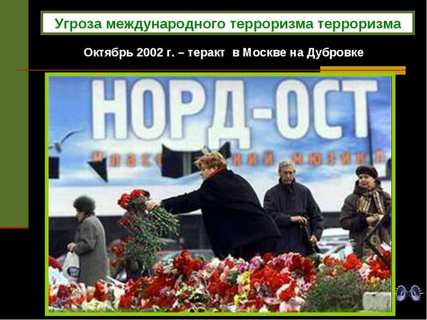 Октябрь 2002 г. – теракт в Москве на Дубровке Угроза международного терроризм...