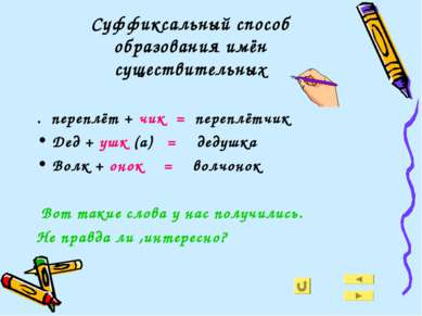 Суффиксальный способ образования имён существительных . переплёт + чик = пере...