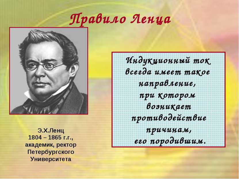 Правило Ленца Э.Х.Ленц 1804 – 1865 г.г., академик, ректор Петербургского Унив...