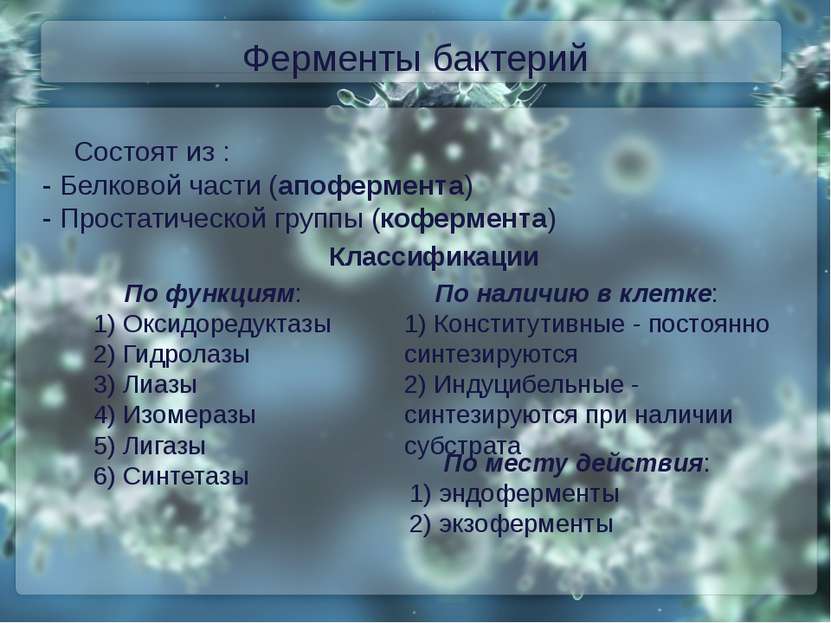 Ферменты бактерий Состоят из :  - Белковой части (апофермента) - Простатическ...