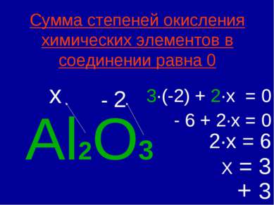 Сумма степеней окисления химических элементов в соединении равна 0 Al2O3 - 2 ...