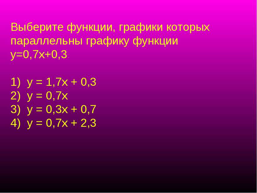 Выберите функции, графики которых параллельны графику функции у=0,7х+0,3 у = ...