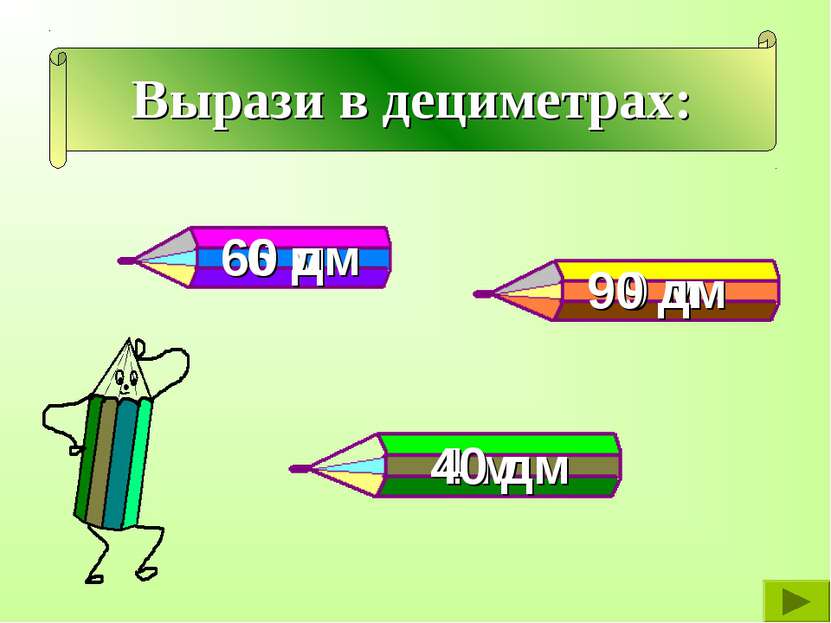 Вырази в дециметрах: 6 м 9 м 4 м 60 дм 40 дм 90 дм
