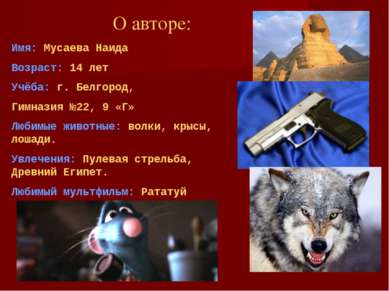 О авторе: Имя: Мусаева Наида Возраст: 14 лет Учёба: г. Белгород, Гимназия №22...