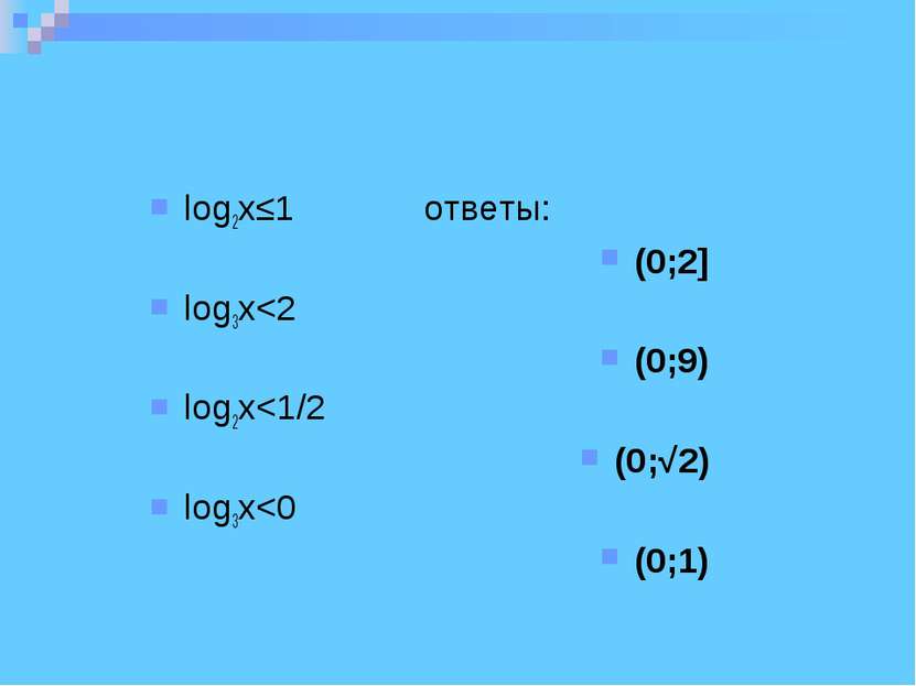 log2x≤1 ответы: (0;2] log3x