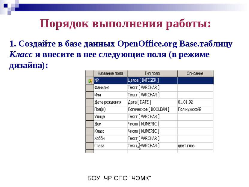 Порядок выполнения работы: 1. Создайте в базе данных OpenOffice.org Base.табл...