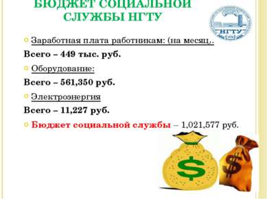 Заработная плата работникам: (на месяц): Всего – 449 тыс. руб. Оборудование: ...