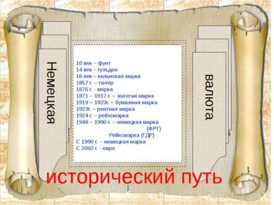 Немецкая валюта исторический путь 10 век – фунт 14 век – гульден 16 век – кел...