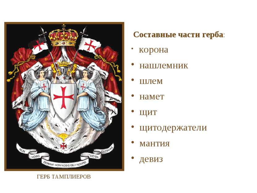 Составные части герба: корона нашлемник шлем намет щит щитодержатели мантия д...