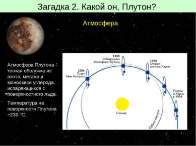 Загадка 2. Какой он, Плутон? Атмосфера Атмосфера Плутона - тонкая оболочка из...