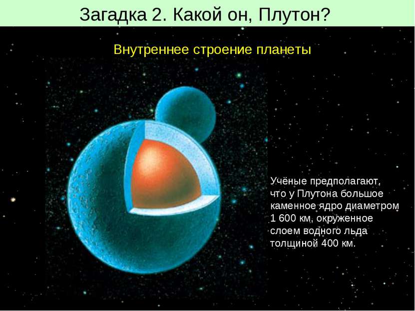 Загадка 2. Какой он, Плутон? Внутреннее строение планеты Учёные предполагают,...