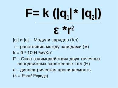 F= k (|q1| * |q2|) ε *r2 |q1| и |q2| - Модули зарядов (Кл) r – расстояние меж...