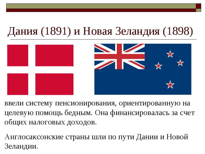 Дания (1891) и Новая Зеландия (1898) ввели систему пенсионирования, ориентиро...