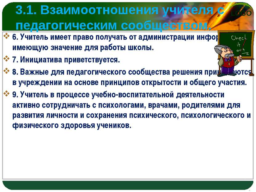 3.1. Взаимоотношения учителя с педагогическим сообществом. 6. Учитель имеет п...